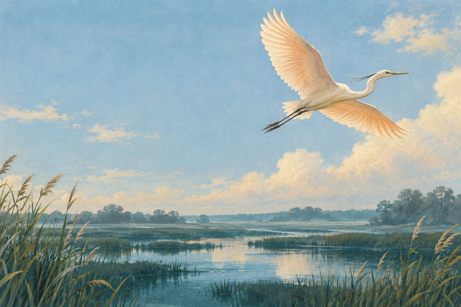 An ivory heron opening its wings over a blue wetland