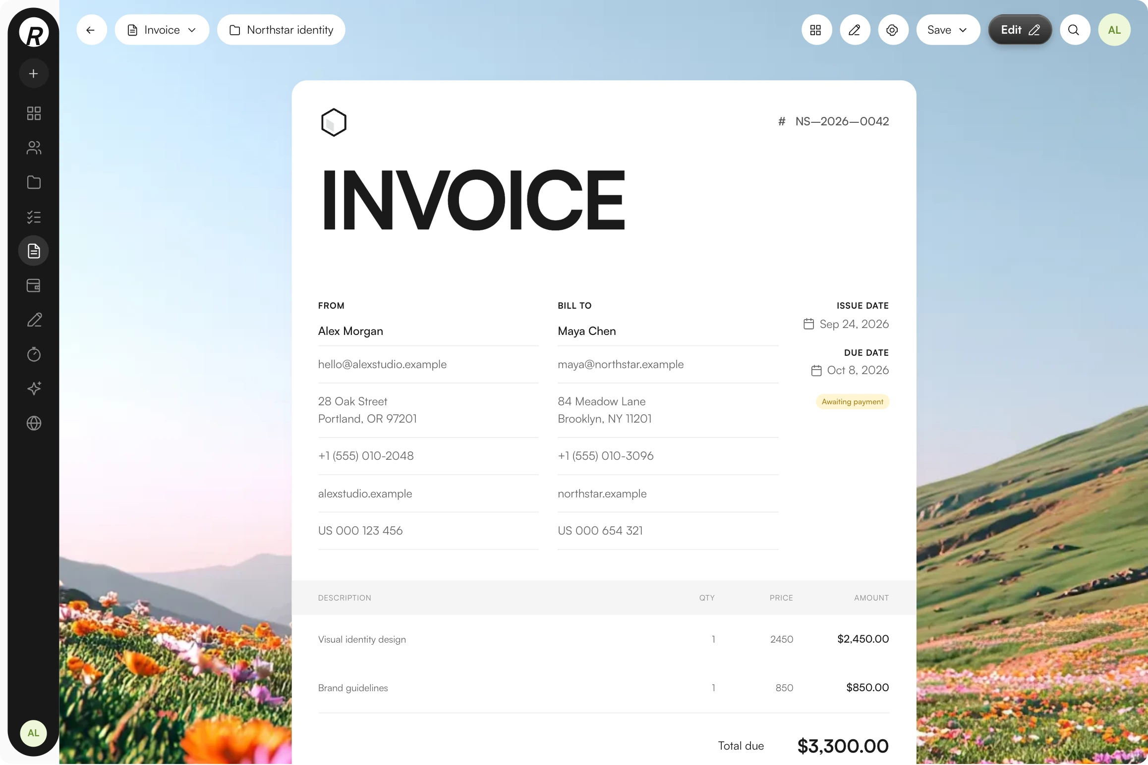 Sample invoice for Northstar identity, with two line items totaling $3,300, against a mountain meadow background.